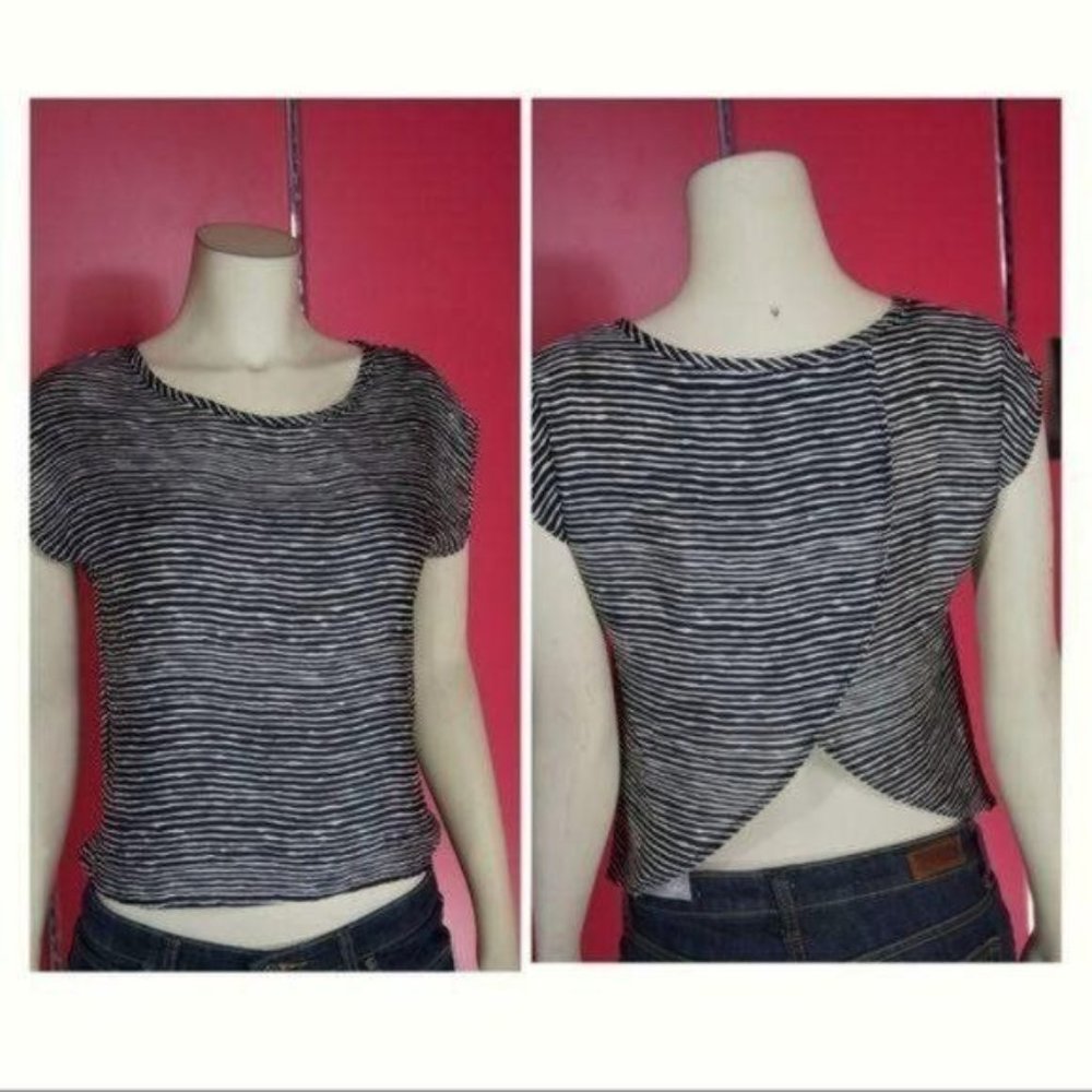 Black & White Striped Short Sleeve Top with Tulip Open Back Size S